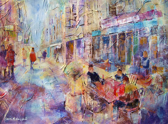Al Fresco Cafe 1 - Street Dining at Cafe or Restauarant - Red Cape Scratched Painting by Horsell Woking Surrey Artist Sera Knight
