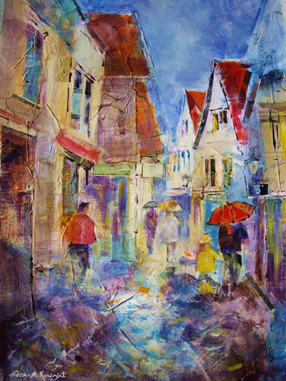 Lady with Red Umbrella & Child in rain - Painting by Horsell Woking Surrey Artist Sera Knight