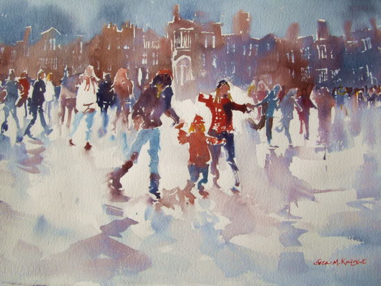 Family Skating at Hampton Court Palace Surrey / London Snowy Skaters Painting by Horsell Woking Surrey Artist Sera Knight