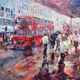 Red busses in London busy shopping street - Painting