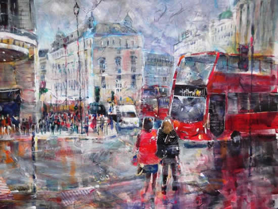 Piccadilly Circus London - Painting of Shoppers & Red Bus  - London Art Gallery