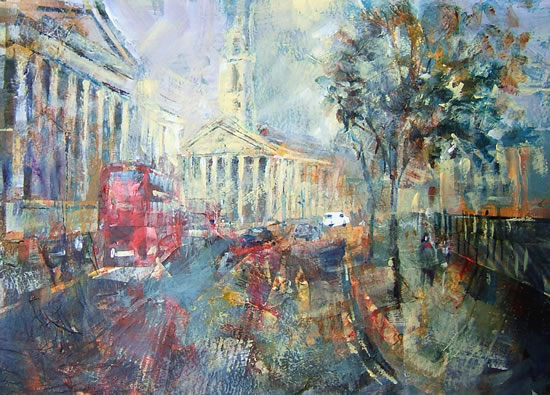 Red Bus Painting by Horsell Woking Surrey Artist Sera Knight