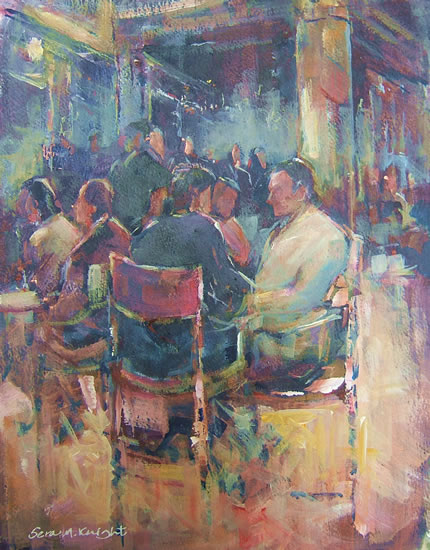 Friends Chatting at Cafe - Painting by Horsell Woking Surrey Artist Sera Knight