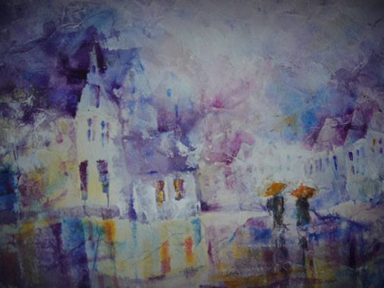 Yellow Umbrellas - Rain Scene Painting - Surrey Great Britain Art Gallery